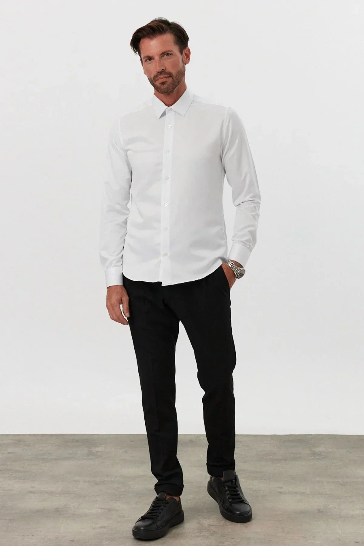 Erkek Slim Fit 4 Mevsim Kolay Ütülenir Basic Düz Gömlek - Livio Ferri