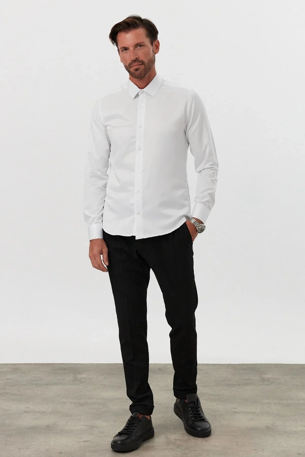 Erkek Slim Fit 4 Mevsim Kolay Ütülenir Basic Düz Gömlek - Livio Ferri