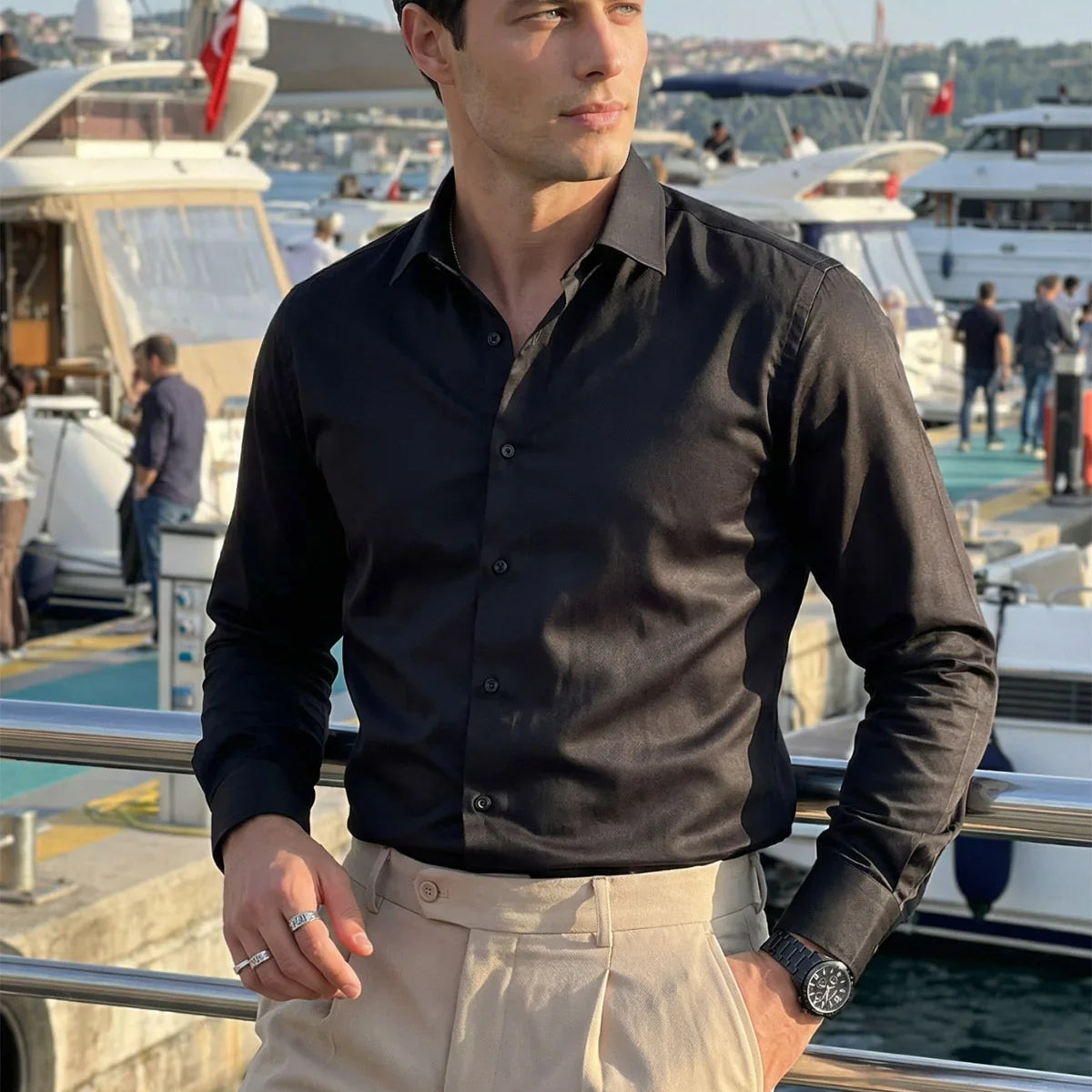 Erkek Slim Fit 4 Mevsim Kolay Ütülenir Basic Düz Gömlek
