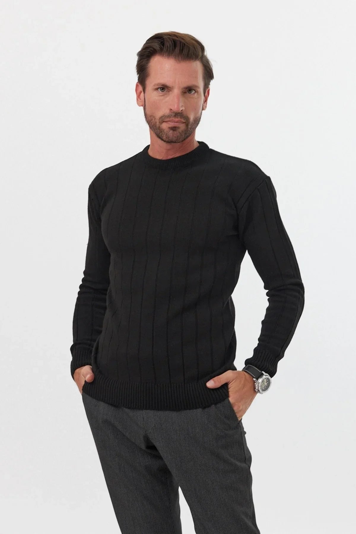 Erkek Slim Fit Dar Kesim Bisiklet Yaka Triko Kazak - Livio Ferri