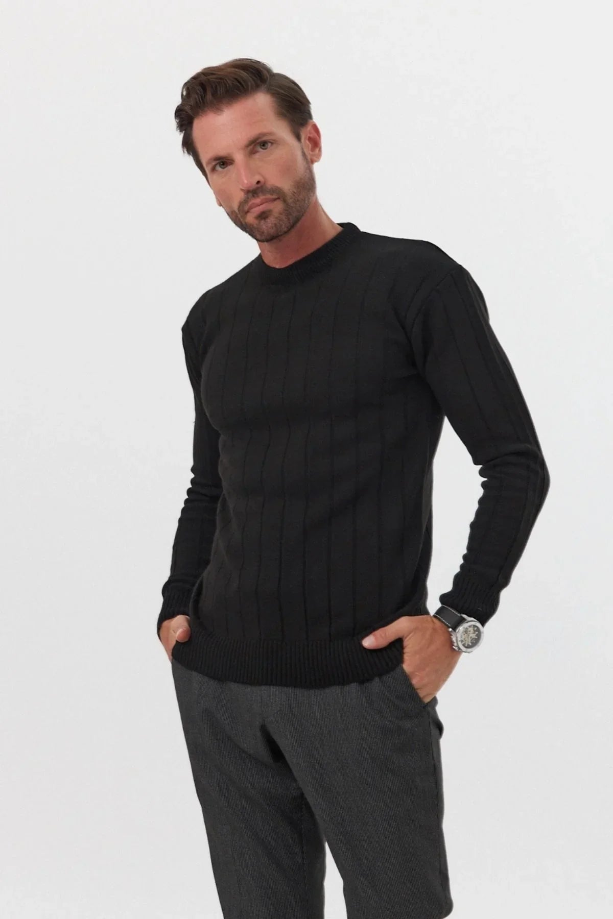 Erkek Slim Fit Dar Kesim Bisiklet Yaka Triko Kazak - Livio Ferri