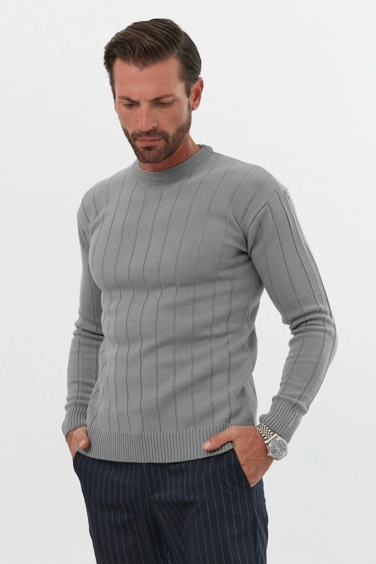 Erkek Slim Fit Dar Kesim Bisiklet Yaka Triko Kazak - Livio Ferri