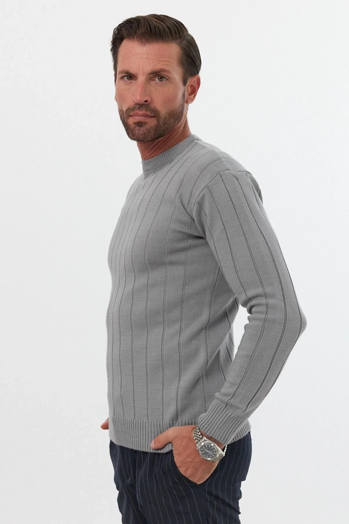 Erkek Slim Fit Dar Kesim Bisiklet Yaka Triko Kazak - Livio Ferri