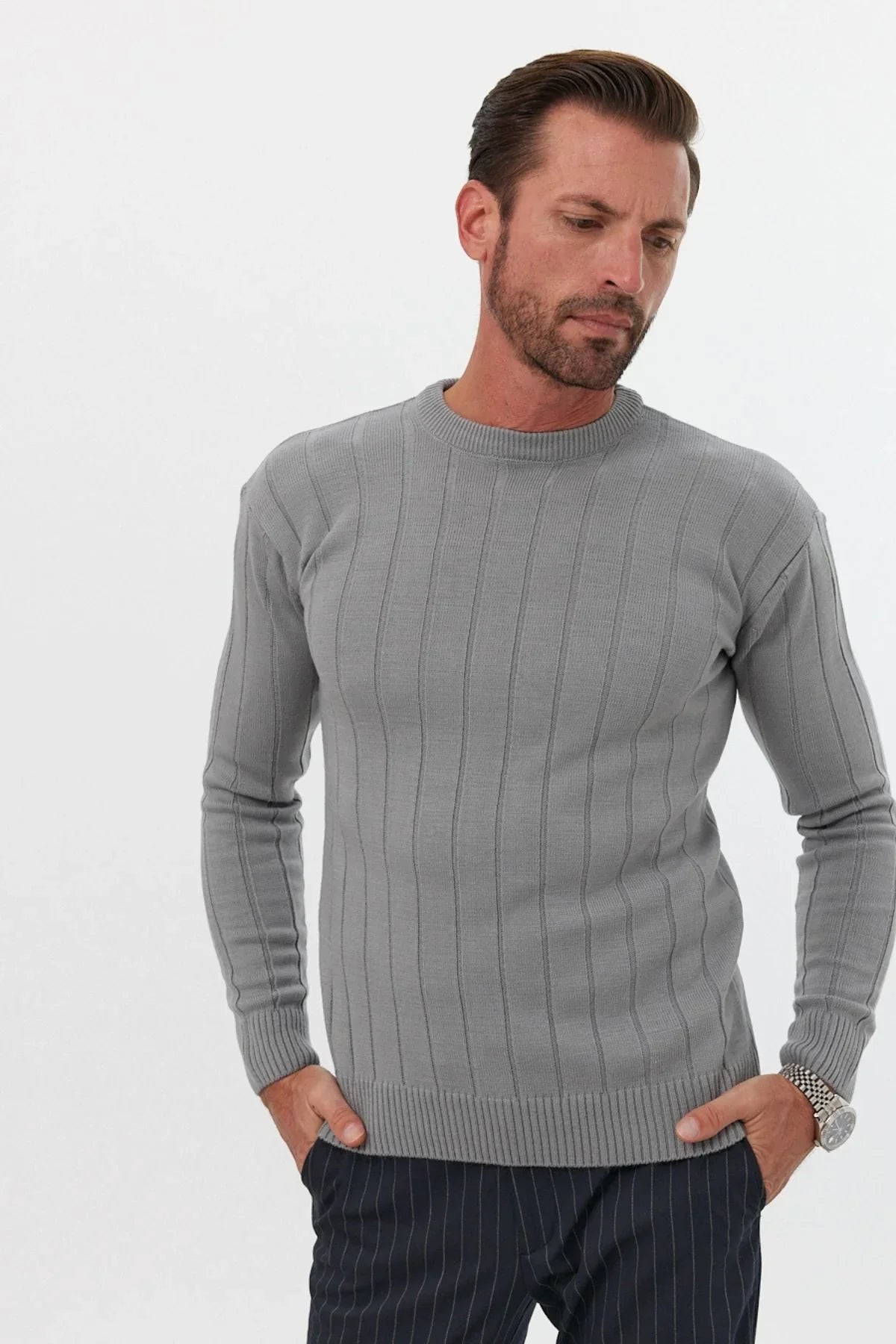 Erkek Slim Fit Dar Kesim Bisiklet Yaka Triko Kazak - Livio Ferri