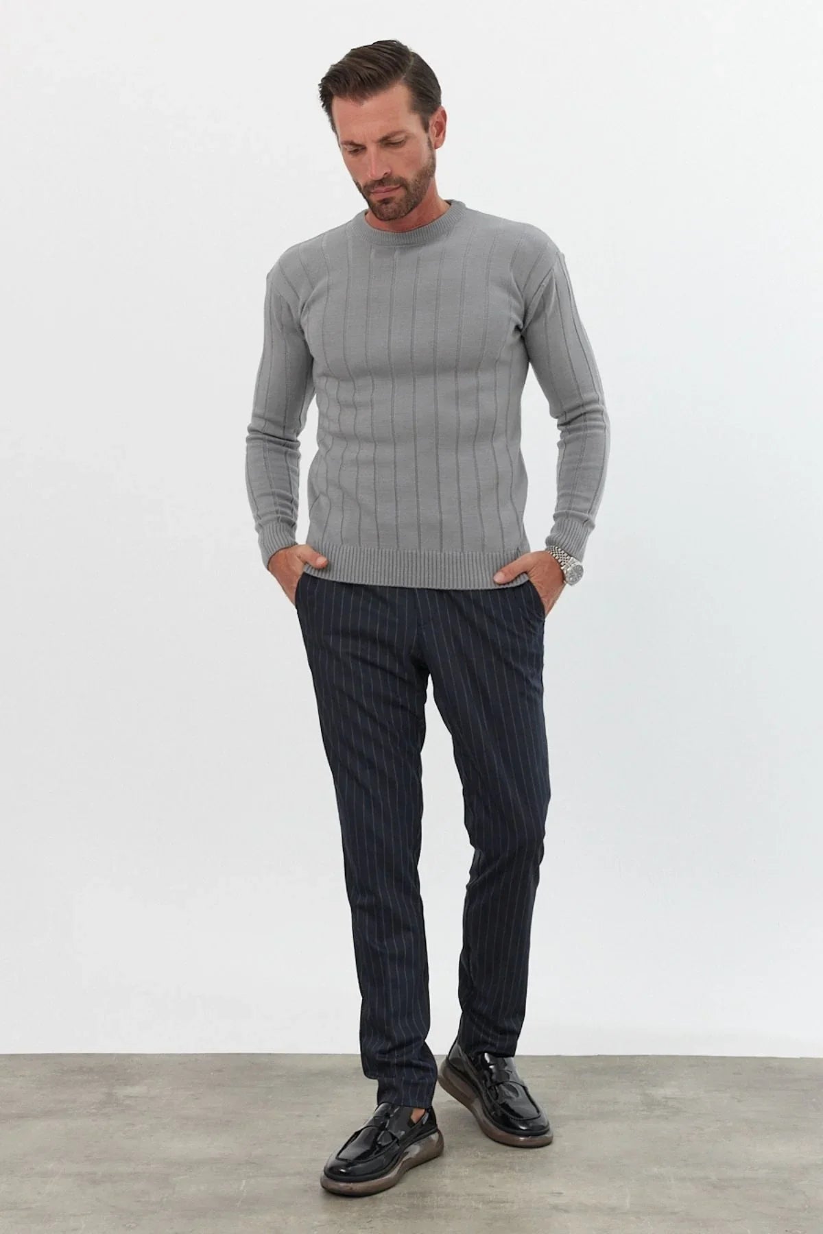 Erkek Slim Fit Dar Kesim Bisiklet Yaka Triko Kazak - Livio Ferri