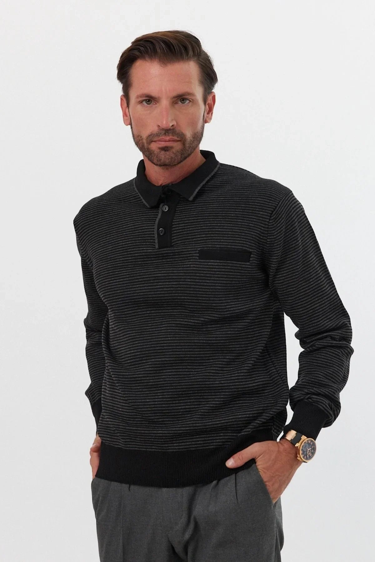 Erkek Standart Fit Polo Yaka Cepli Triko Kazak - Livio Ferri