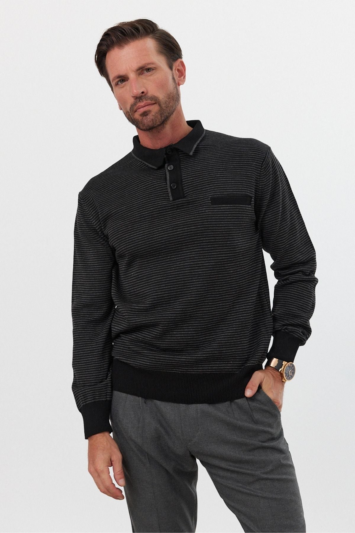 Erkek Standart Fit Polo Yaka Cepli Triko Kazak - Livio Ferri