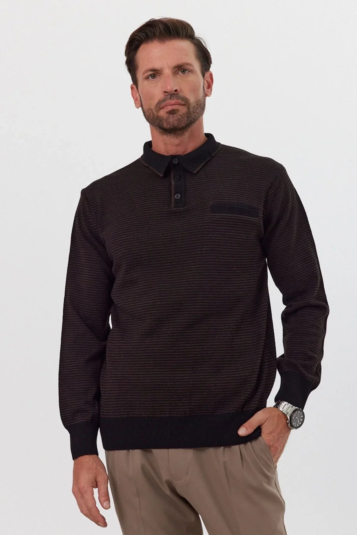 Erkek Standart Fit Polo Yaka Cepli Triko Kazak - Livio Ferri