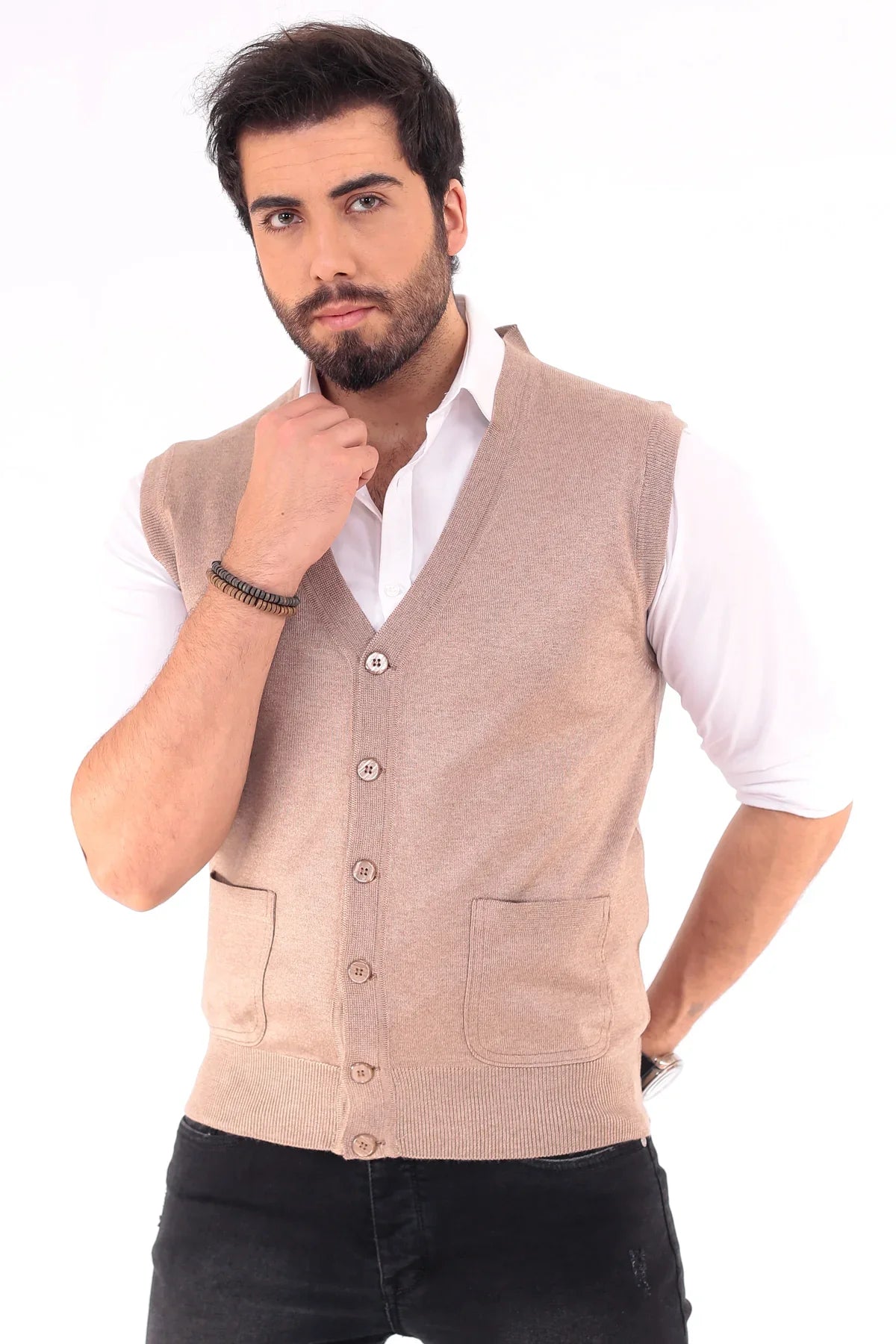 Erkek Standart Fit Normal Kesim Cepli Triko Yelek Triko Kazak - Livio Ferri