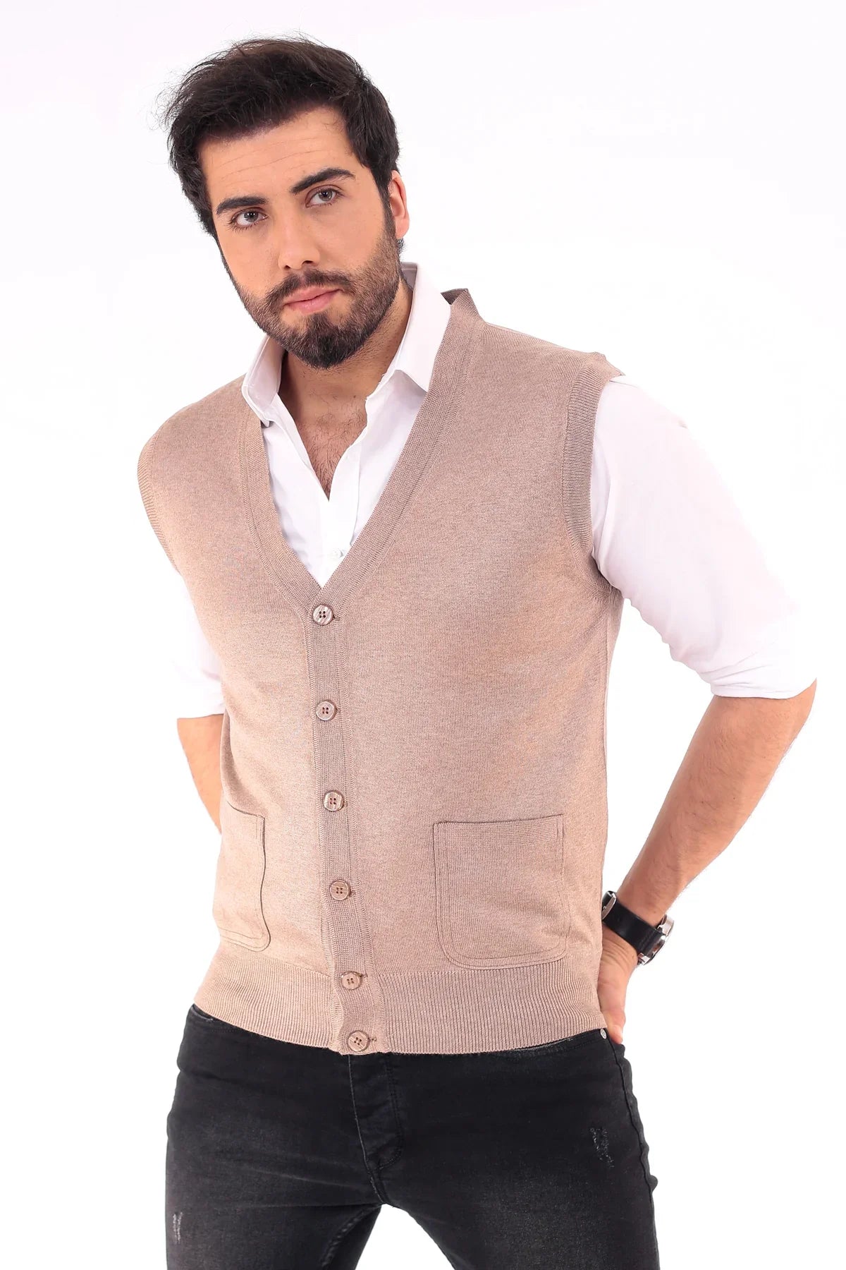 Erkek Standart Fit Normal Kesim Cepli Triko Yelek Triko Kazak - Livio Ferri