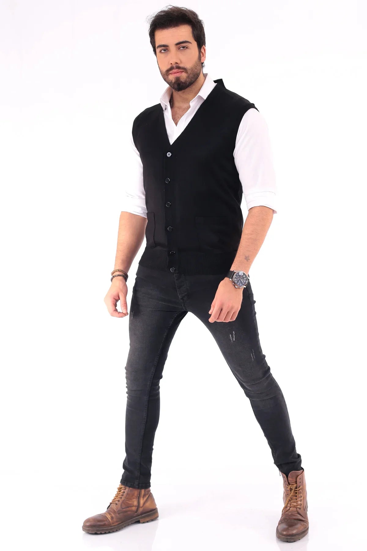 Erkek Standart Fit Normal Kesim Cepli Triko Yelek Triko Kazak - Livio Ferri