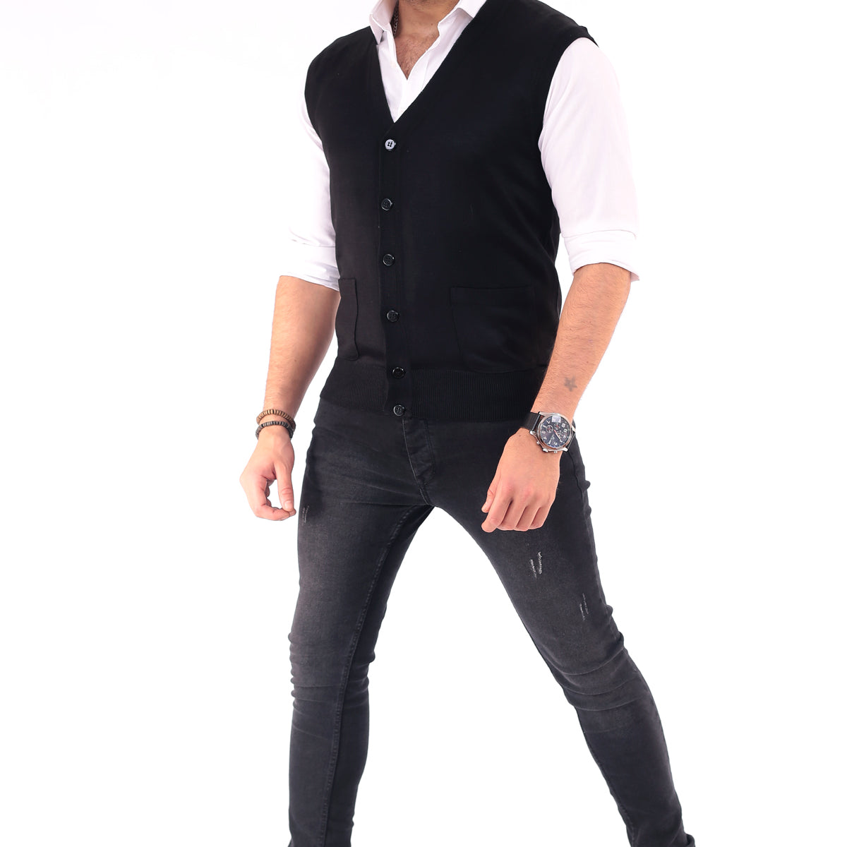 Erkek Standart Fit Normal Kesim Cepli Triko Yelek Triko Kazak