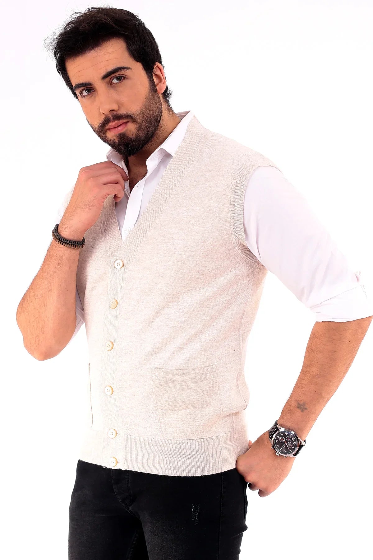 Erkek Standart Fit Normal Kesim Cepli Triko Yelek Triko Kazak - Livio Ferri