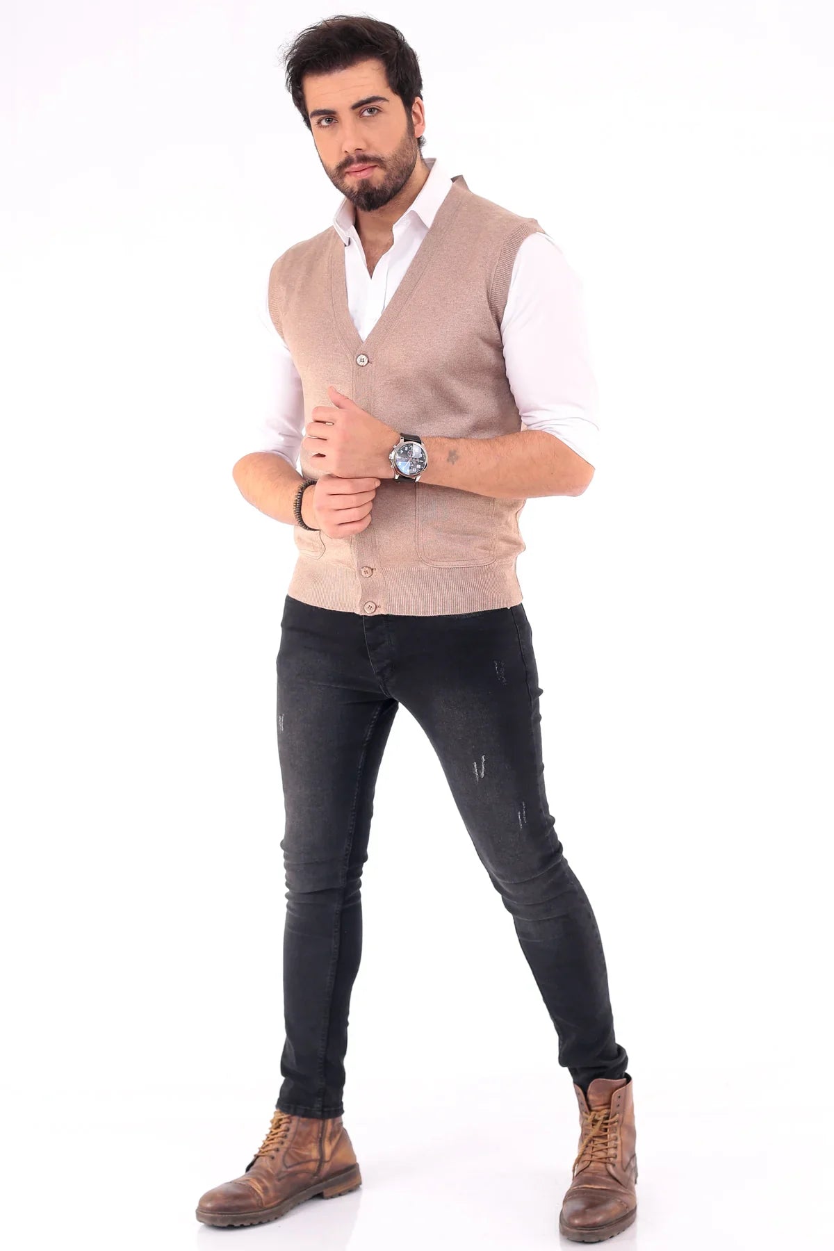 Erkek Standart Fit Normal Kesim Cepli Triko Yelek Triko Kazak - Livio Ferri
