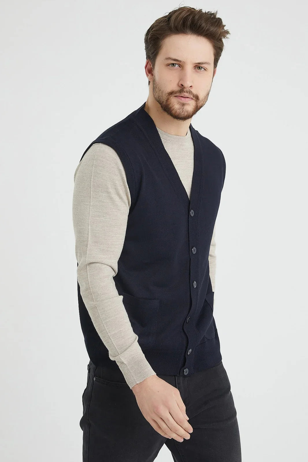 Erkek Standart Fit Normal Kesim Cepli Triko Yelek Triko Kazak - Livio Ferri