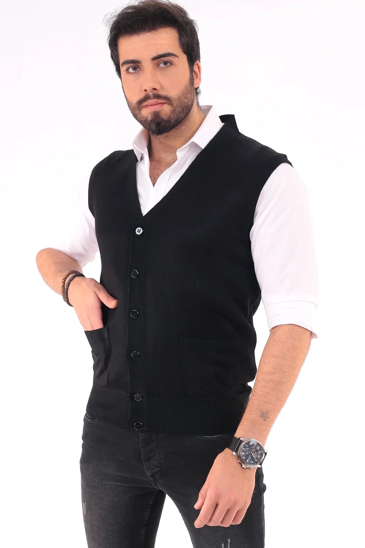Erkek Standart Fit Normal Kesim Cepli Triko Yelek Triko Kazak - Livio Ferri