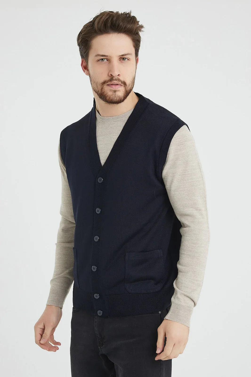 Erkek Standart Fit Normal Kesim Cepli Triko Yelek Triko Kazak - Livio Ferri