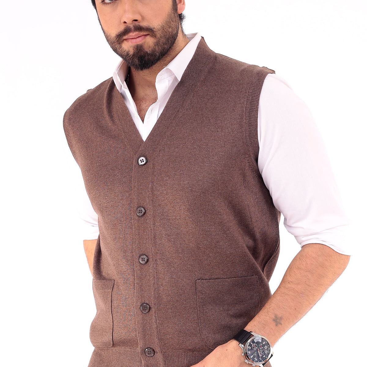 Erkek Standart Fit Normal Kesim Cepli Triko Yelek Triko Kazak