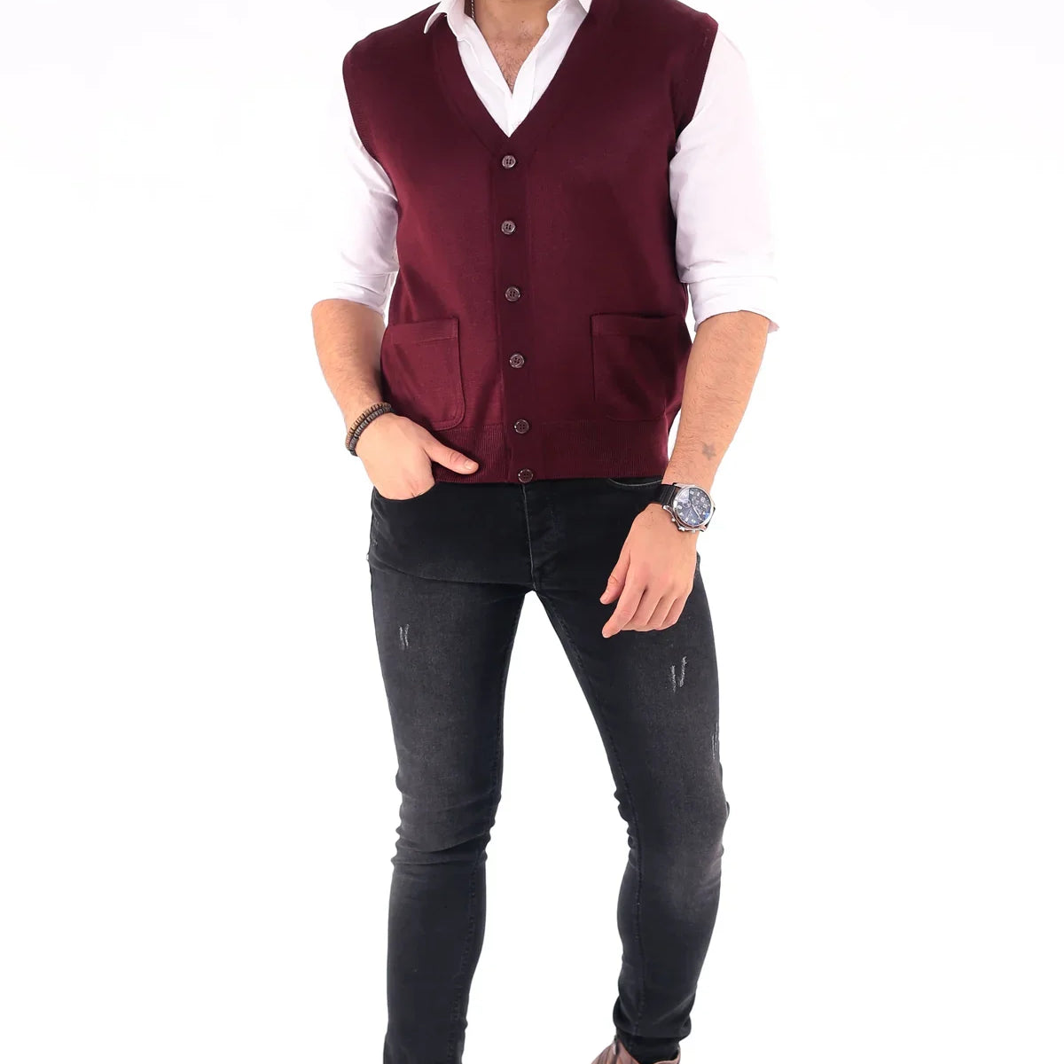 Erkek Standart Fit Normal Kesim Cepli Triko Yelek Triko Kazak - Livio Ferri