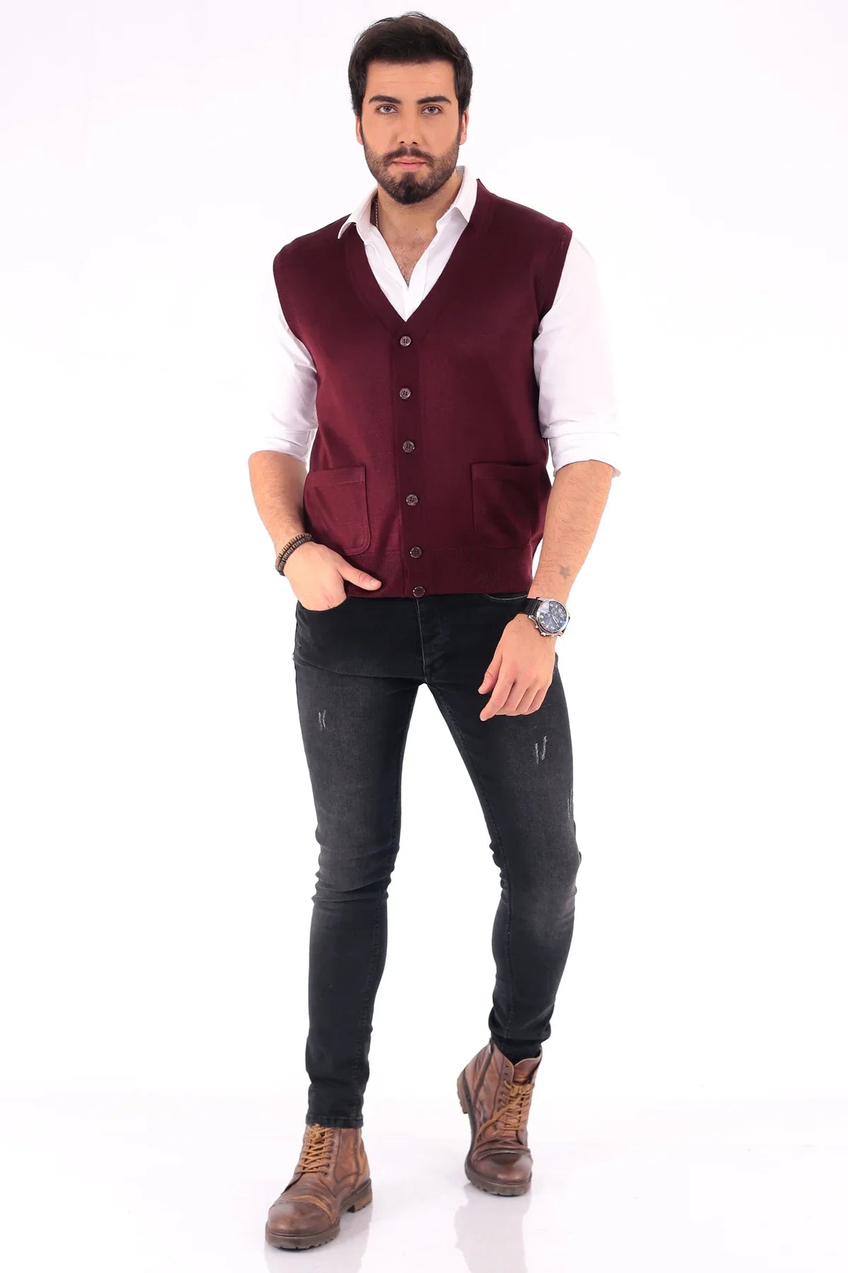 Erkek Standart Fit Normal Kesim Cepli Triko Yelek Triko Kazak - Livio Ferri