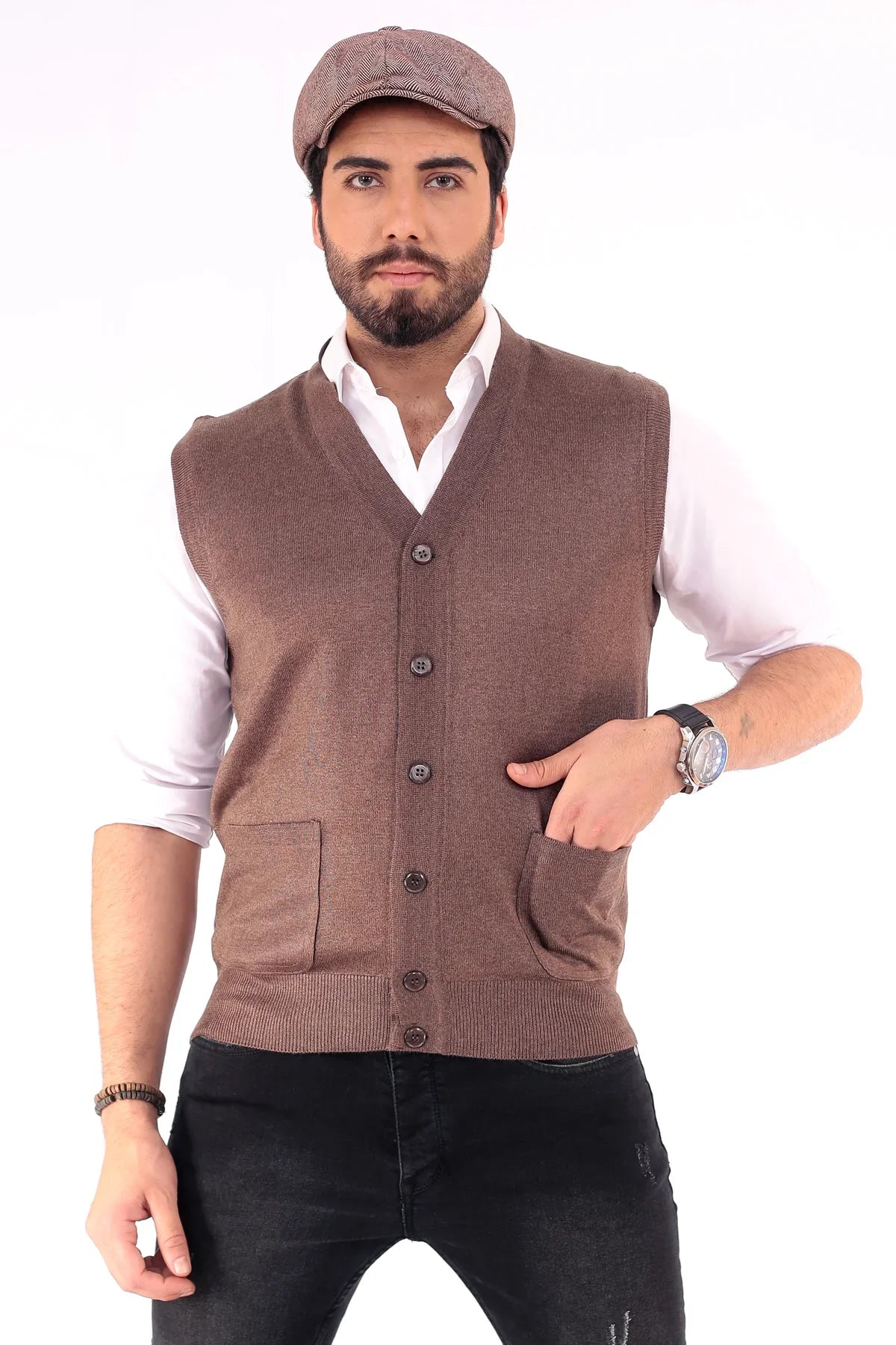 Erkek Standart Fit Normal Kesim Cepli Triko Yelek Triko Kazak - Livio Ferri