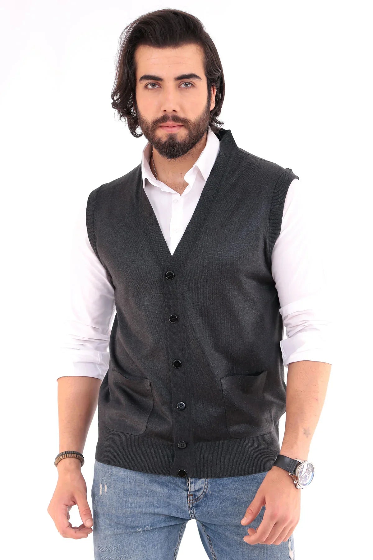 Erkek Standart Fit Normal Kesim Cepli Triko Yelek Triko Kazak - Livio Ferri