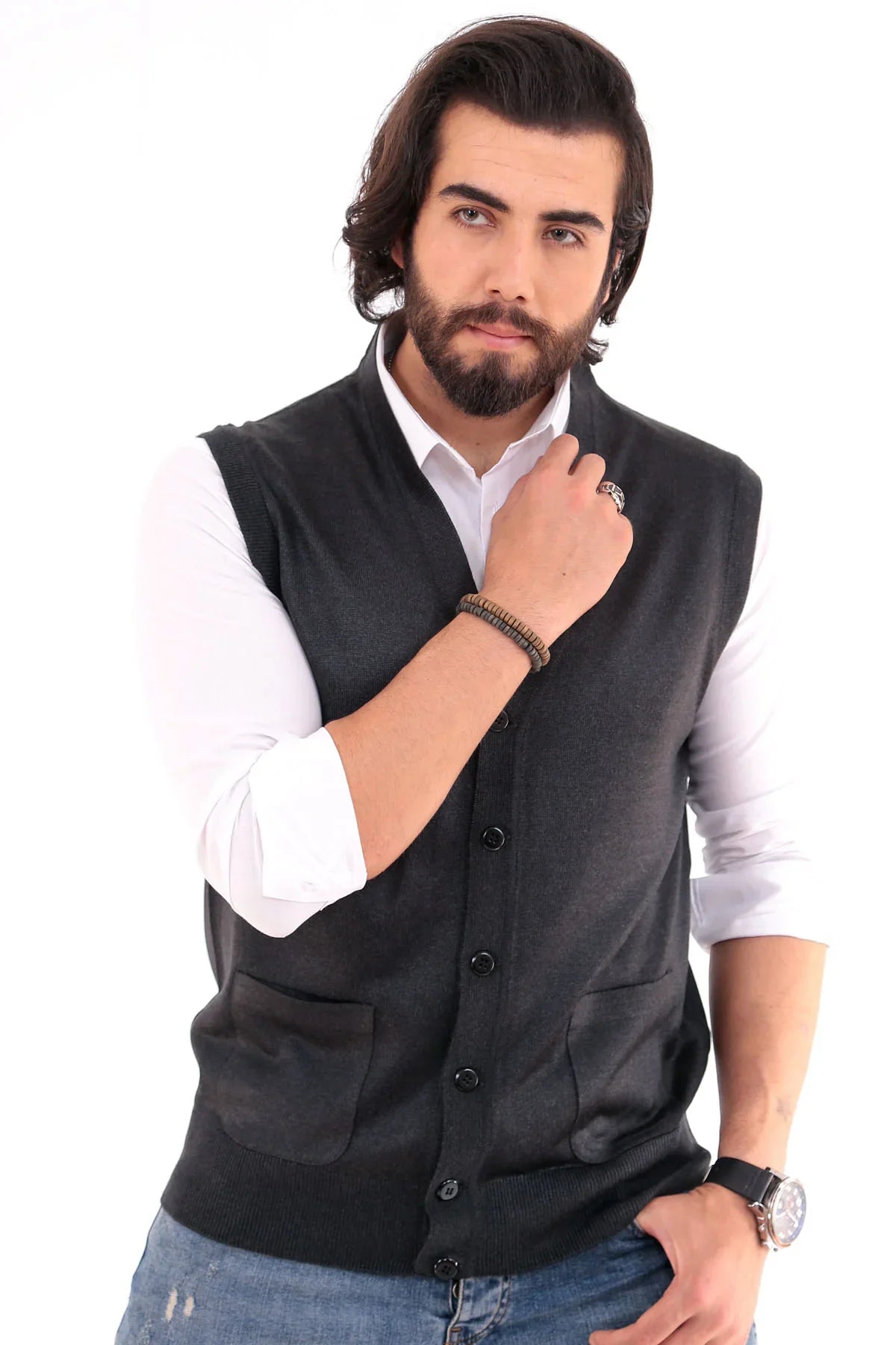 Erkek Standart Fit Normal Kesim Cepli Triko Yelek Triko Kazak - Livio Ferri