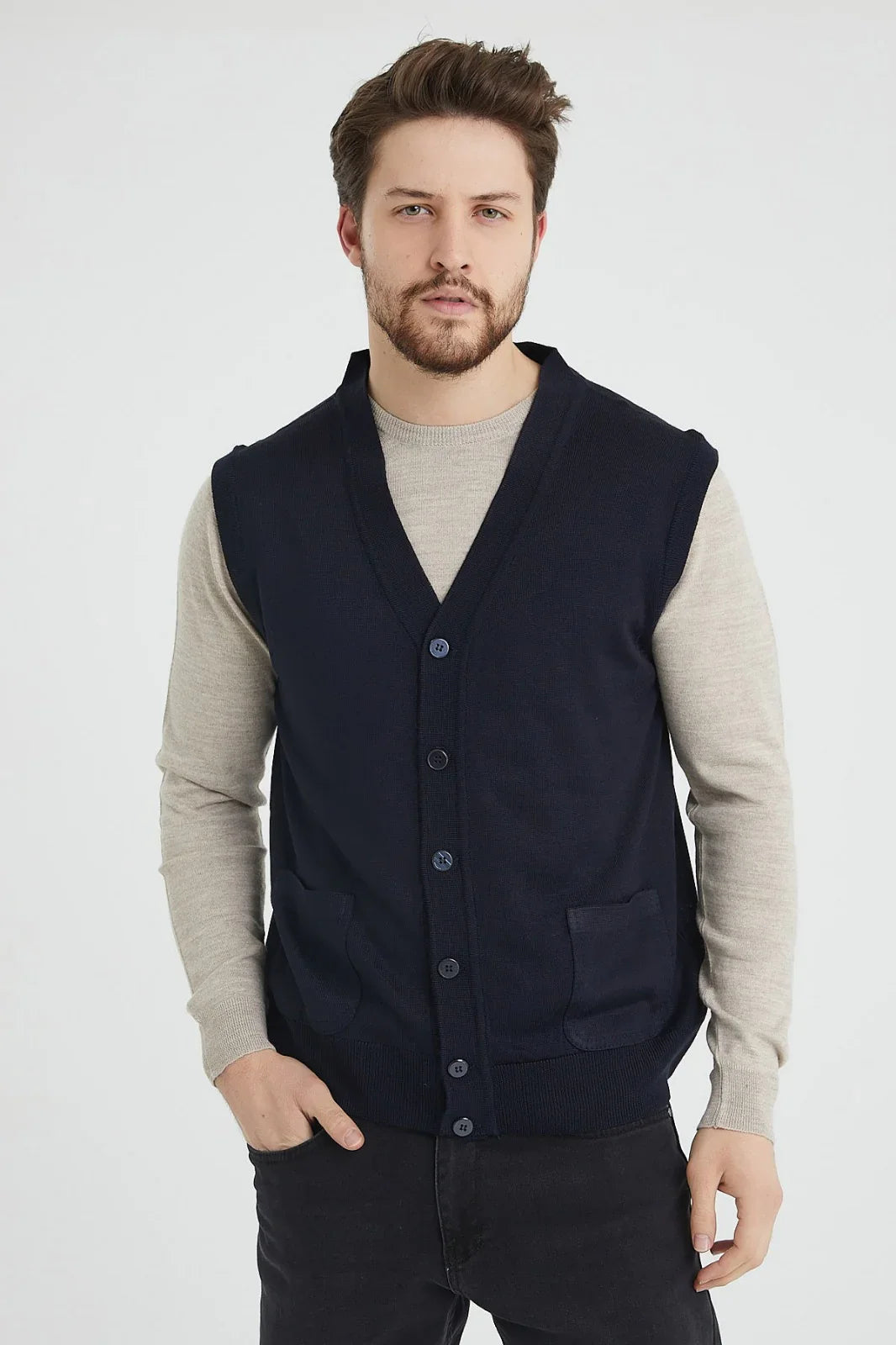 Erkek Standart Fit Normal Kesim Cepli Triko Yelek Triko Kazak - Livio Ferri