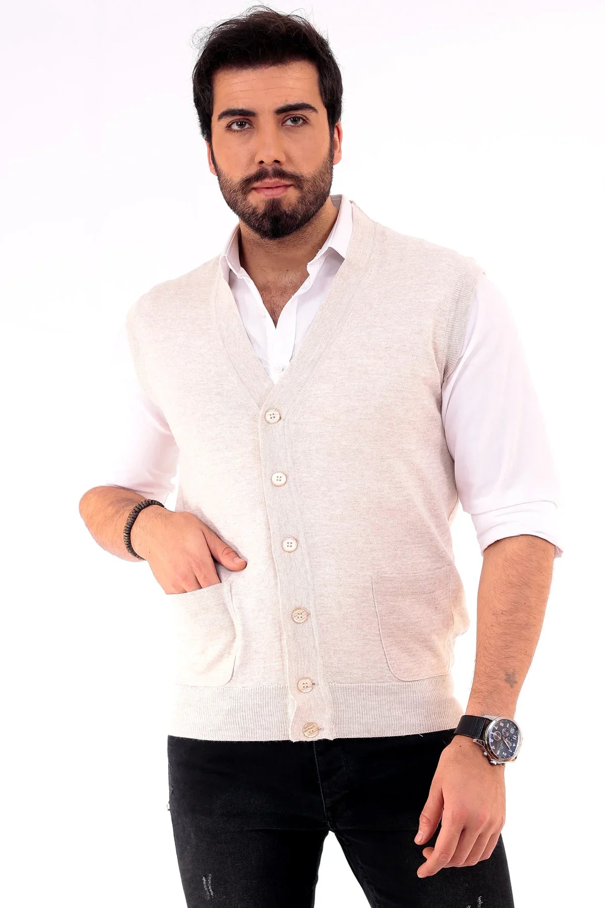 Erkek Standart Fit Normal Kesim Cepli Triko Yelek Triko Kazak - Livio Ferri