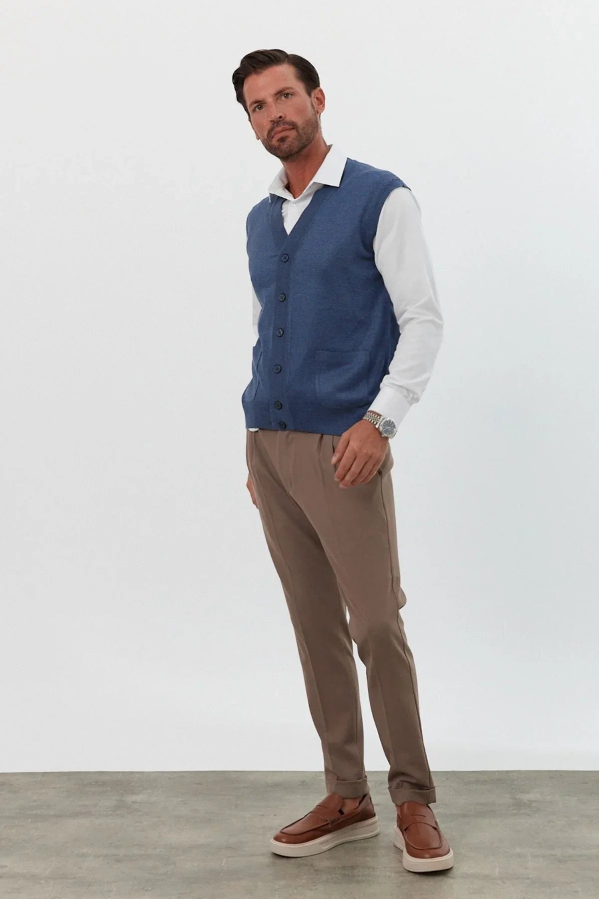 Erkek Standart Fit Normal Kesim Cepli Triko Yelek Triko Kazak - Livio Ferri