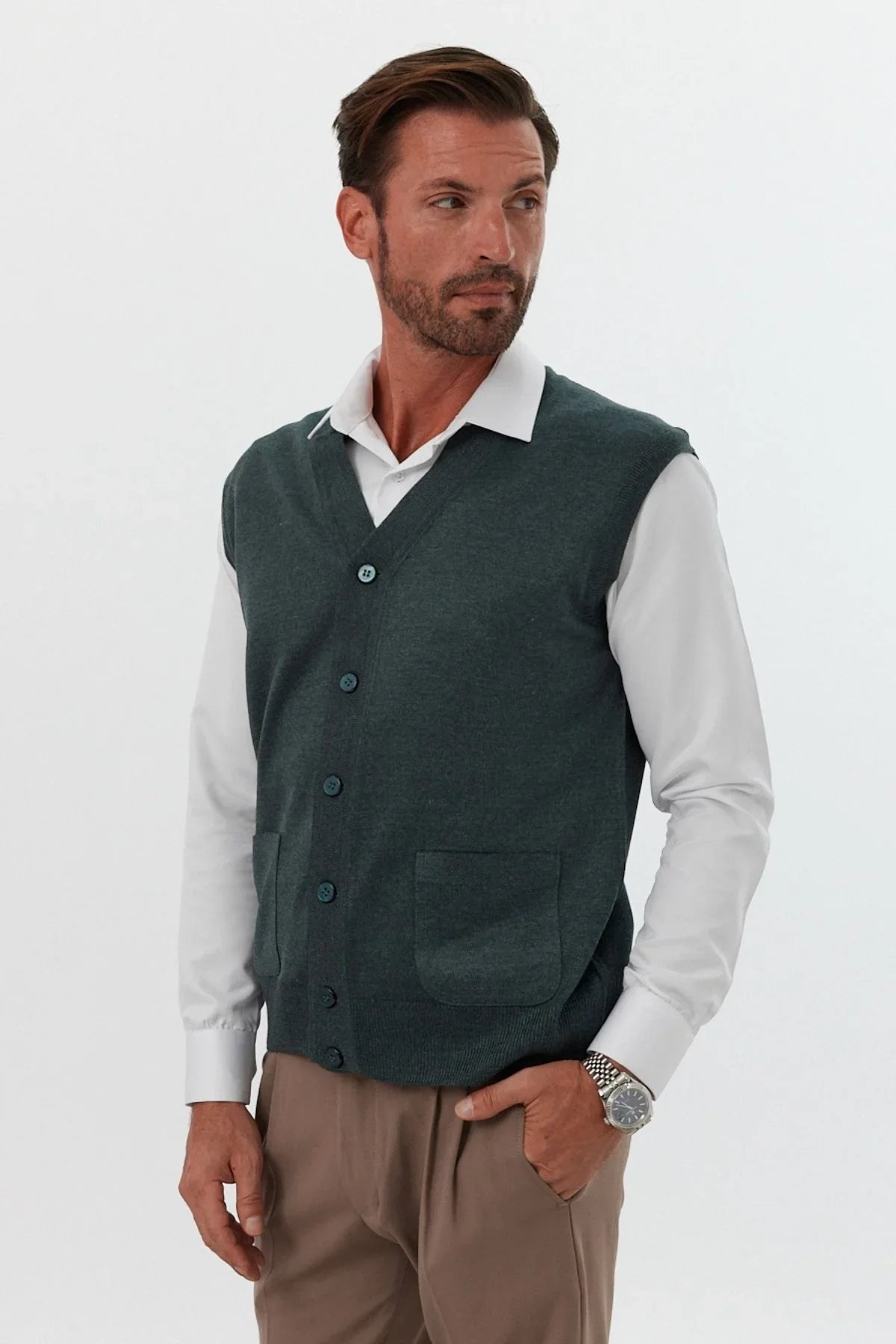 Erkek Standart Fit Normal Kesim Cepli Triko Yelek Triko Kazak - Livio Ferri