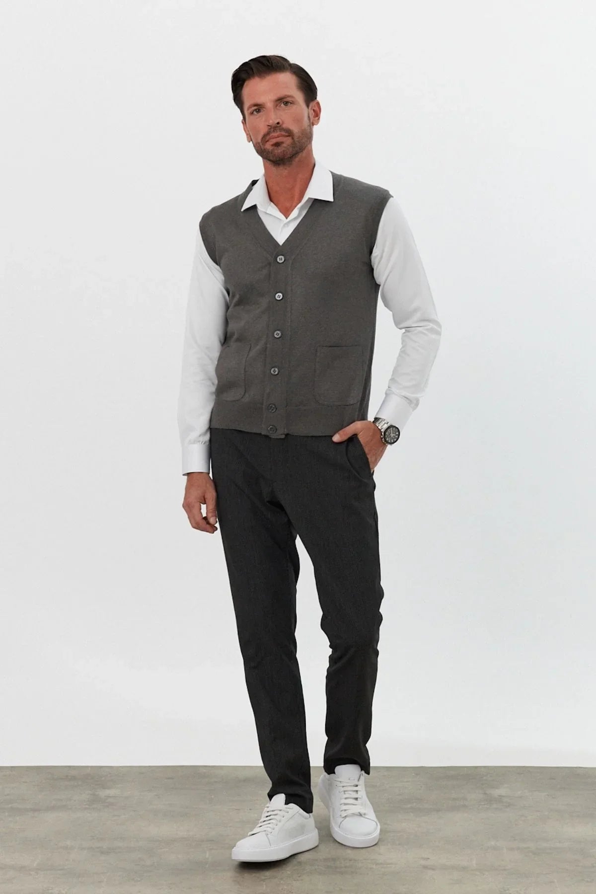 Erkek Standart Fit Normal Kesim Cepli Triko Yelek Triko Kazak - Livio Ferri