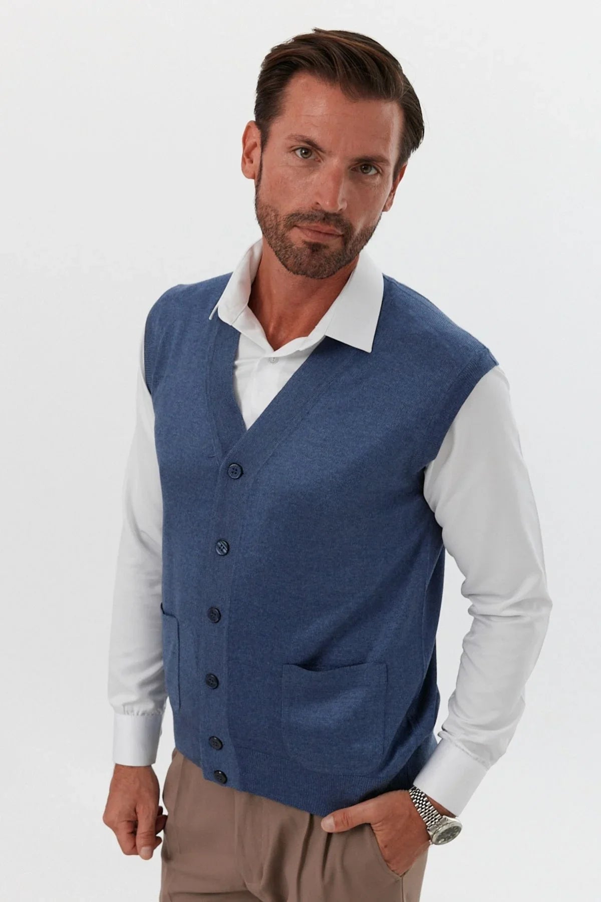 Erkek Standart Fit Normal Kesim Cepli Triko Yelek Triko Kazak - Livio Ferri