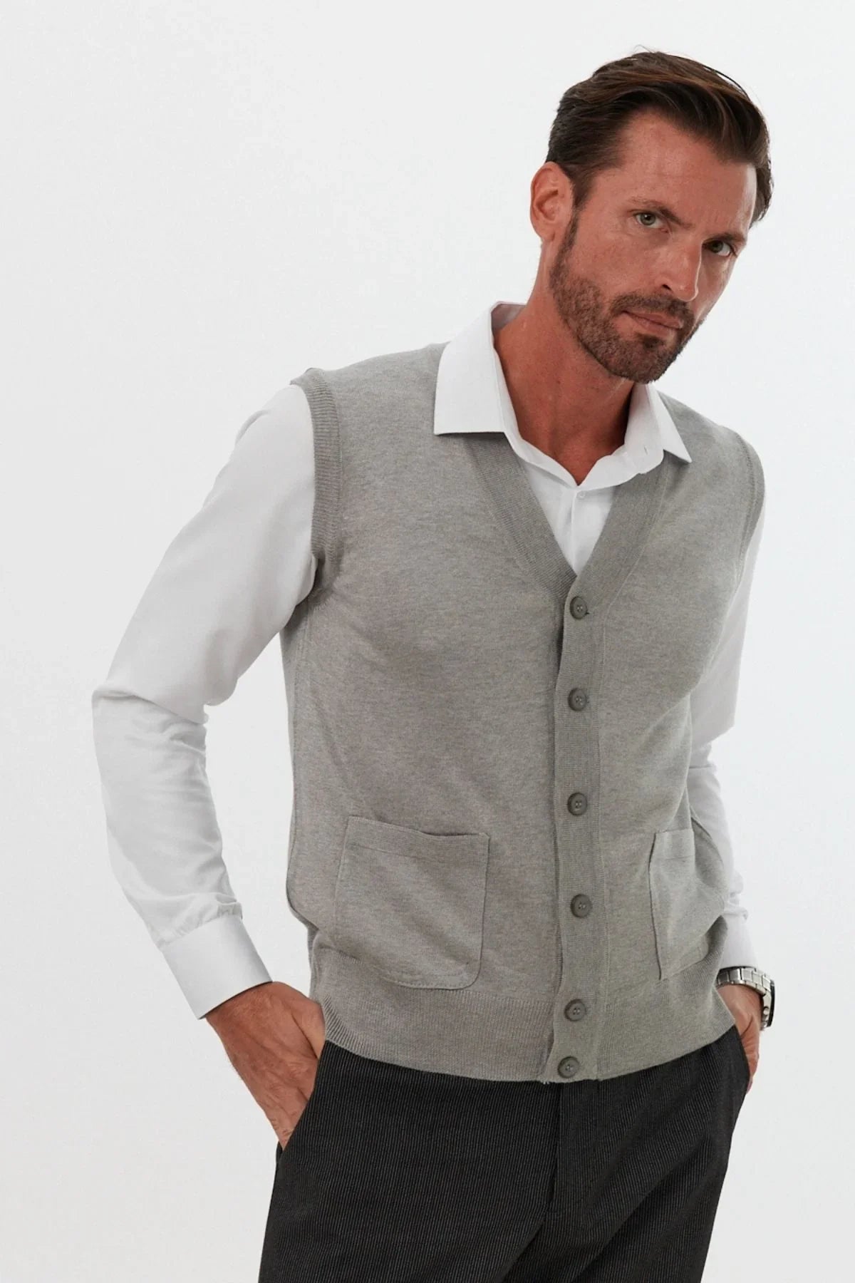 Erkek Standart Fit Normal Kesim Cepli Triko Yelek Triko Kazak - Livio Ferri