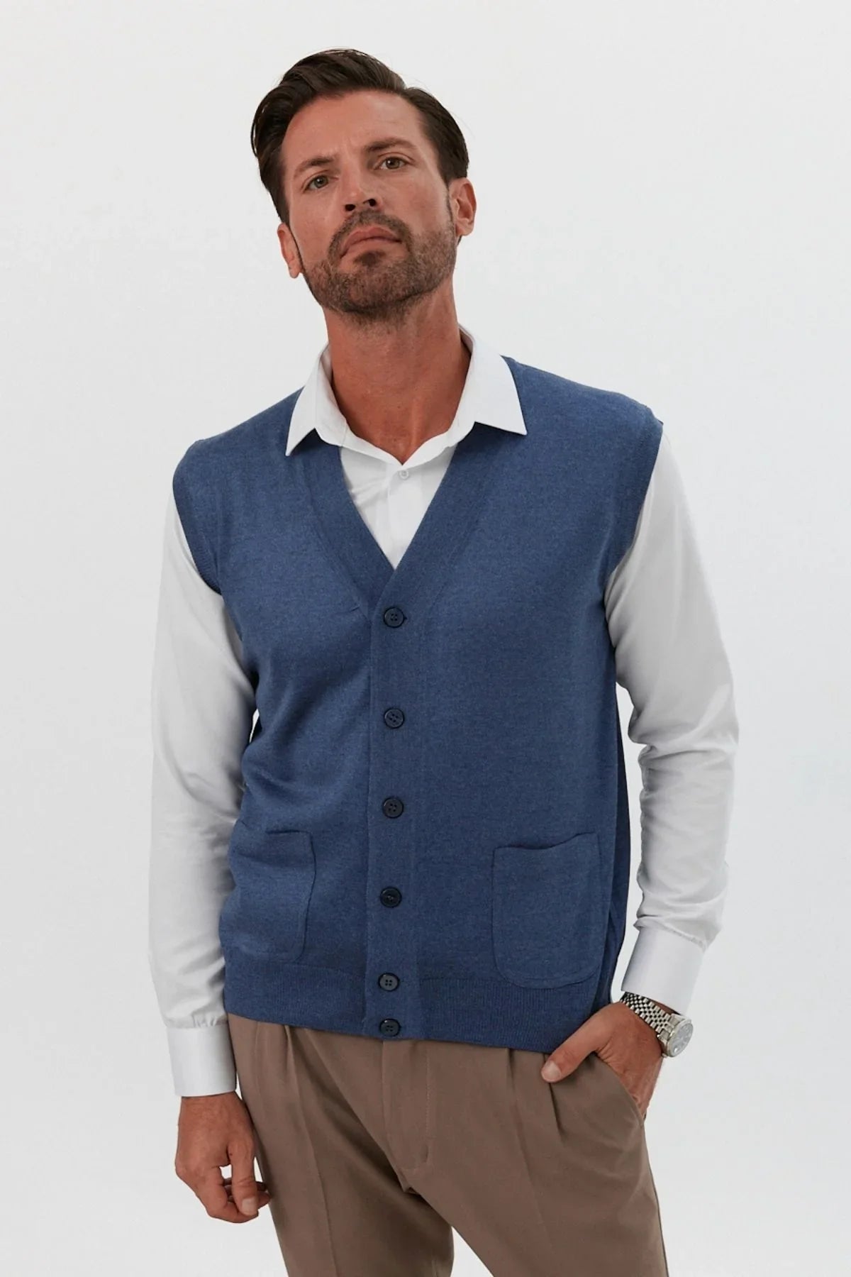 Erkek Standart Fit Normal Kesim Cepli Triko Yelek Triko Kazak - Livio Ferri