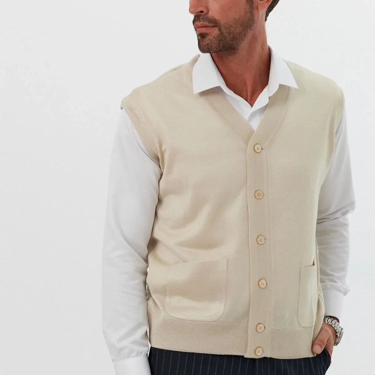 Erkek Standart Fit Normal Kesim Cepli Triko Yelek Triko Kazak