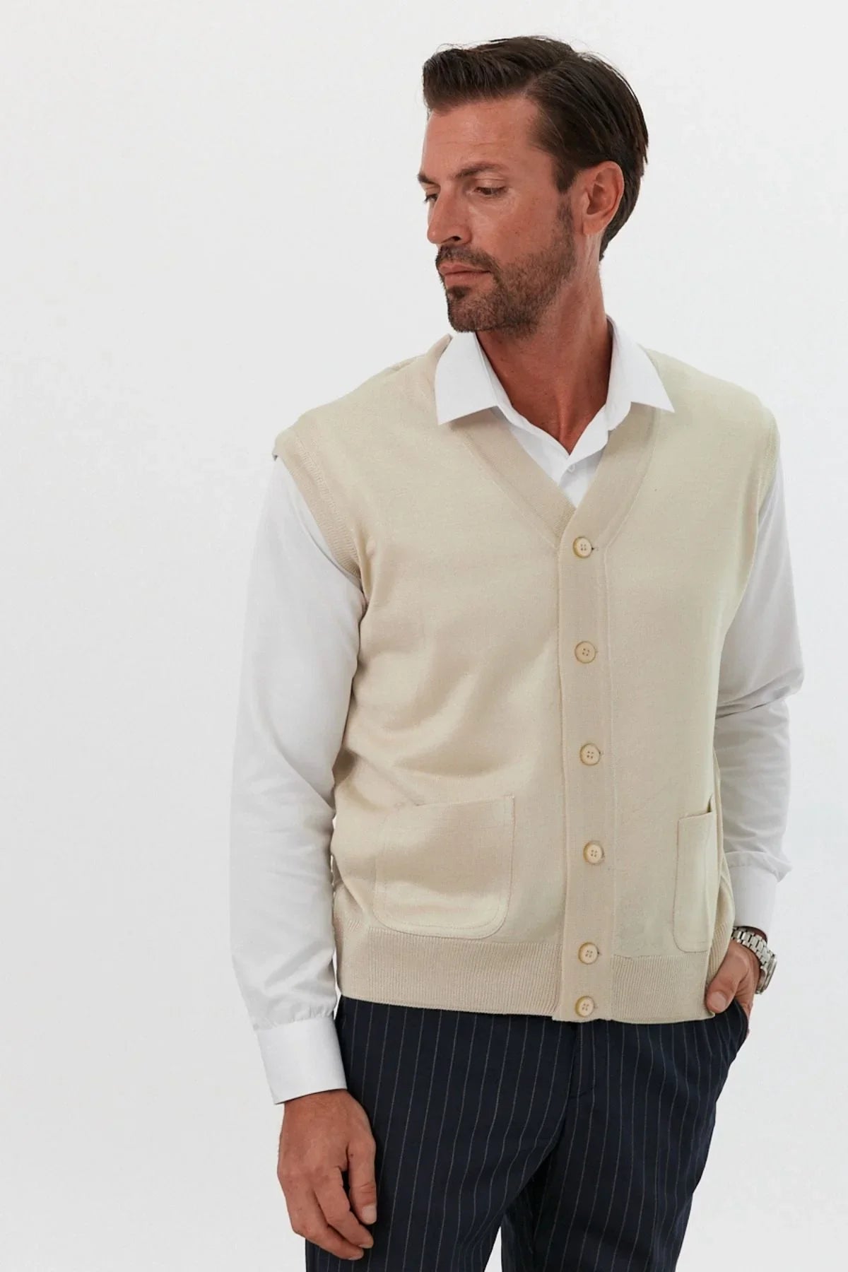 Erkek Standart Fit Normal Kesim Cepli Triko Yelek Triko Kazak - Livio Ferri