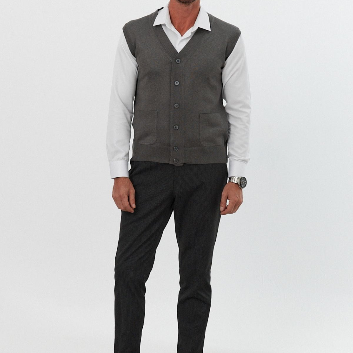 Erkek Standart Fit Normal Kesim Cepli Triko Yelek Triko Kazak