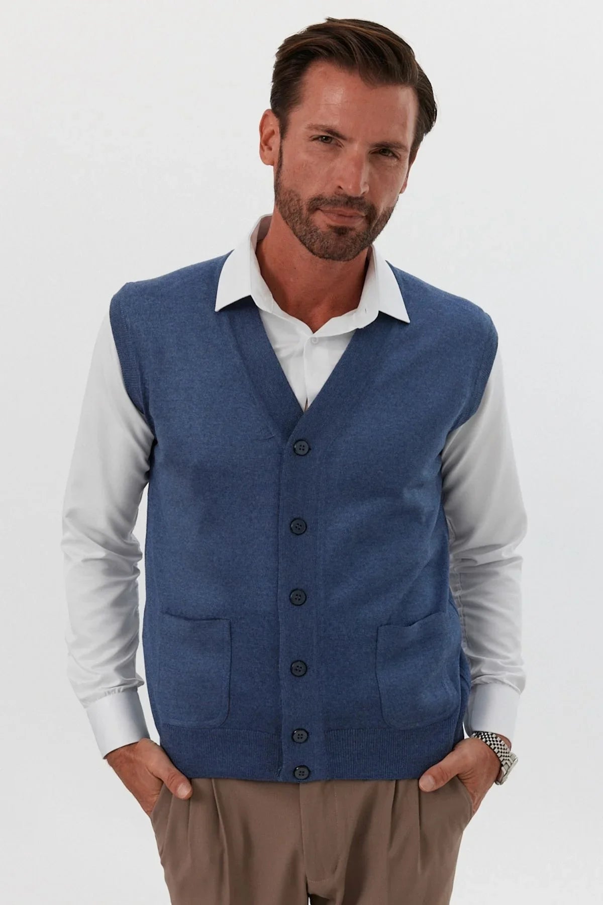 Erkek Standart Fit Normal Kesim Cepli Triko Yelek Triko Kazak - Livio Ferri