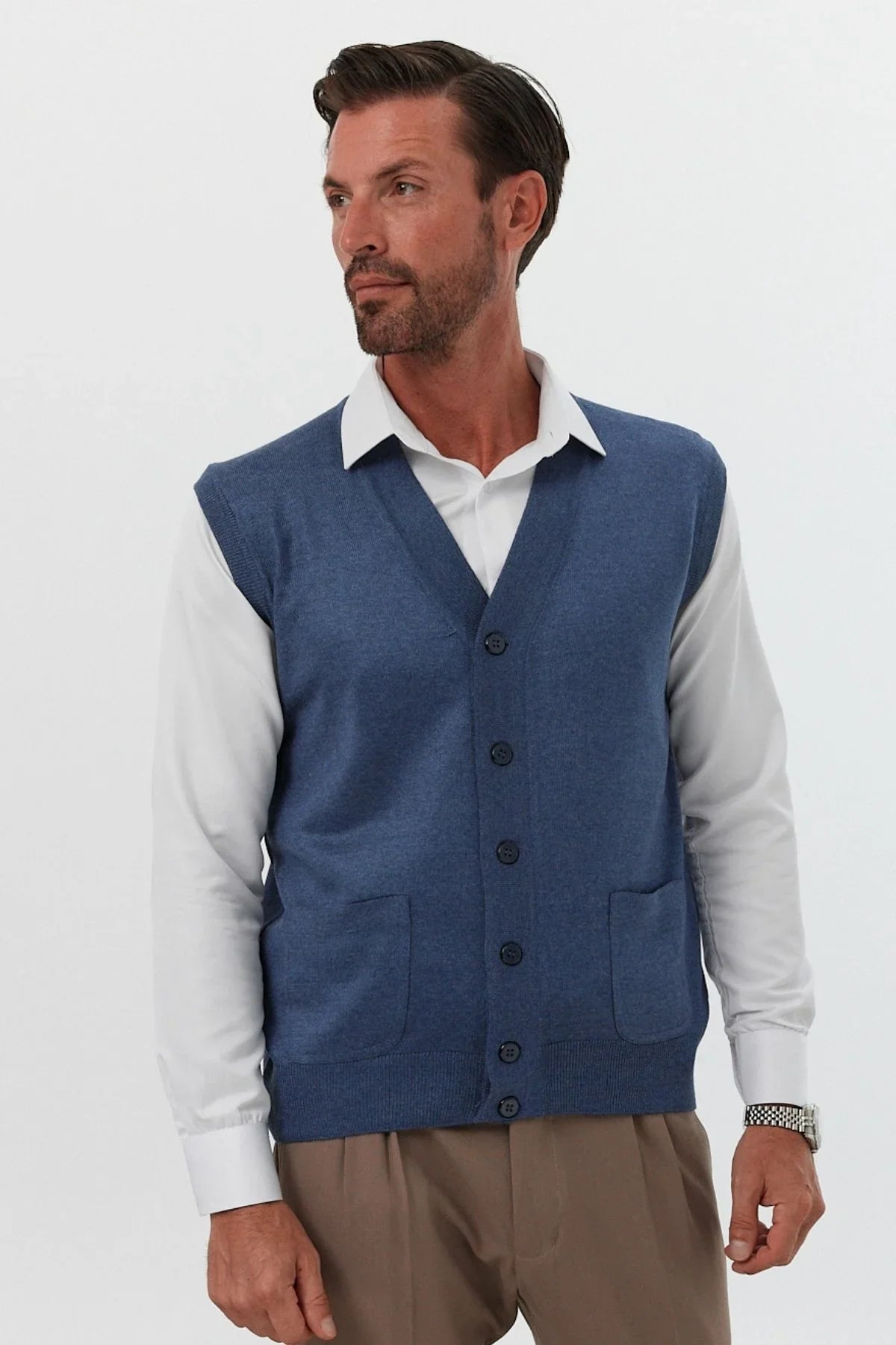 Erkek Standart Fit Normal Kesim Cepli Triko Yelek Triko Kazak - Livio Ferri