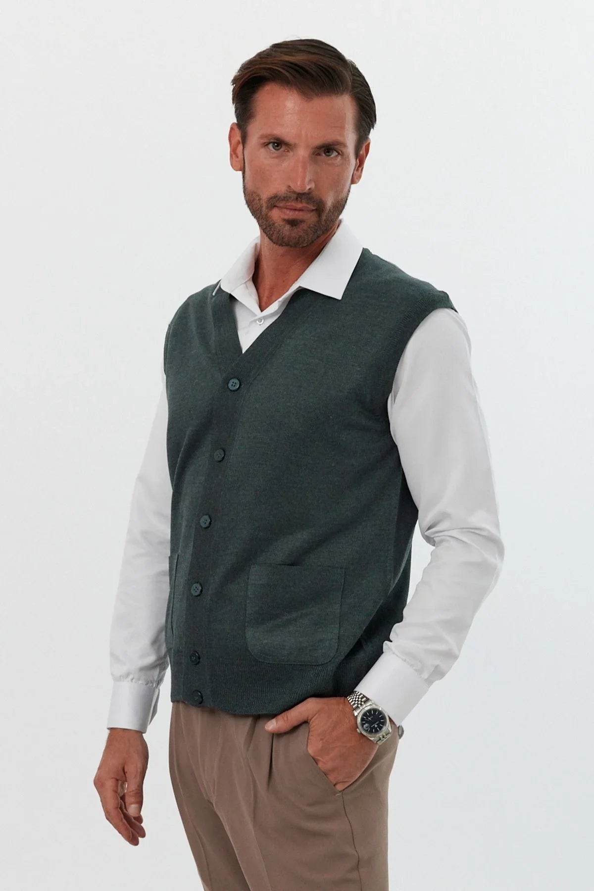 Erkek Standart Fit Normal Kesim Cepli Triko Yelek Triko Kazak - Livio Ferri