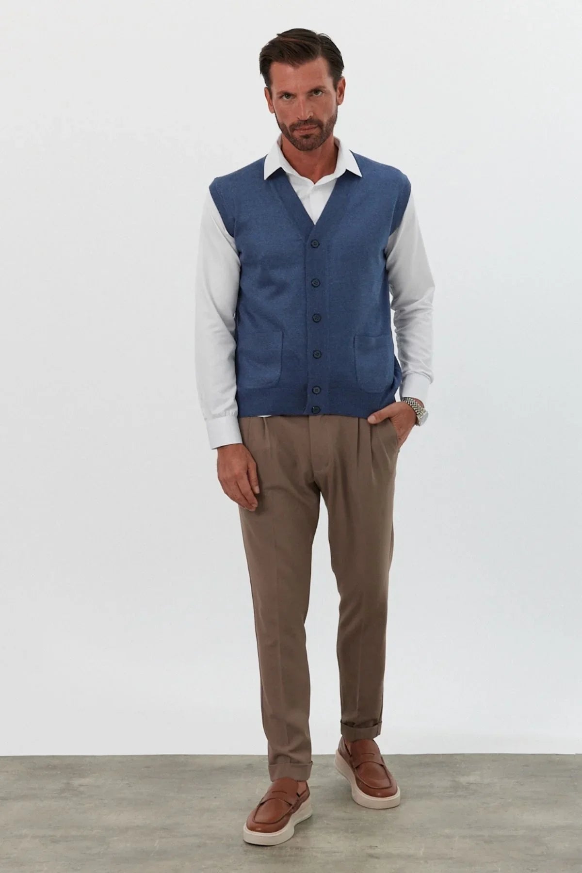 Erkek Standart Fit Normal Kesim Cepli Triko Yelek Triko Kazak - Livio Ferri