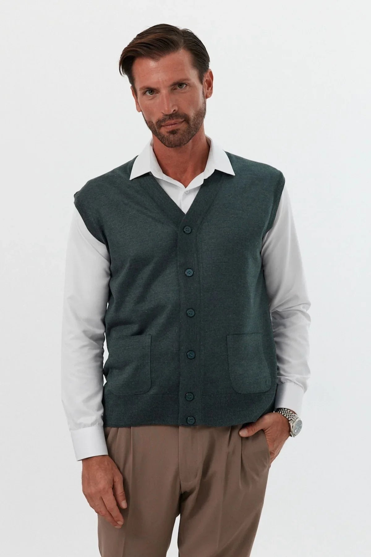 Erkek Standart Fit Normal Kesim Cepli Triko Yelek Triko Kazak - Livio Ferri