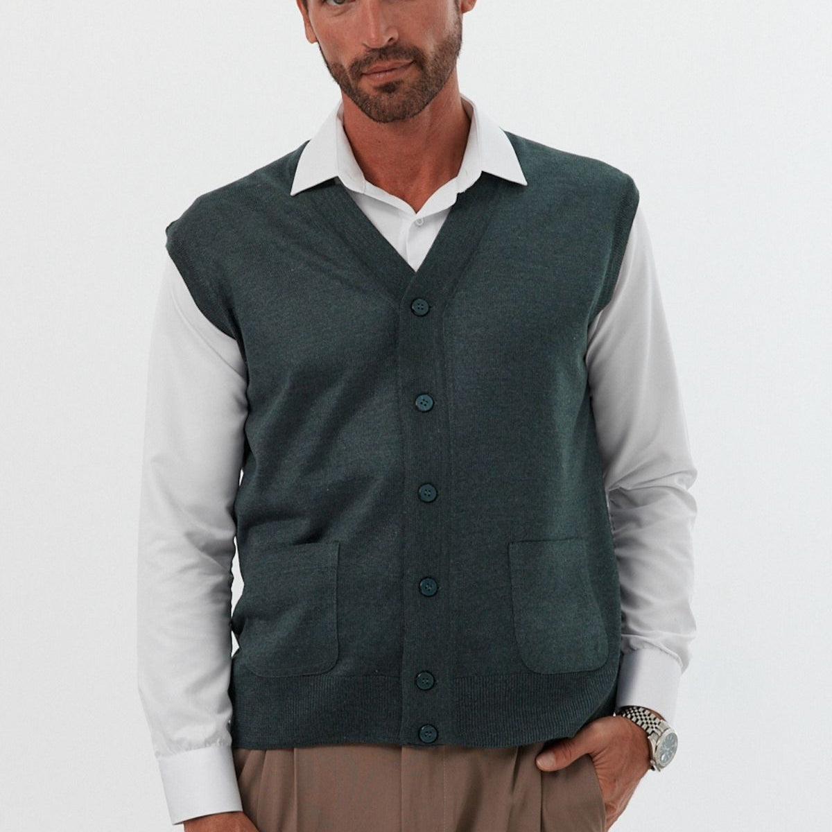 Erkek Standart Fit Normal Kesim Cepli Triko Yelek Triko Kazak