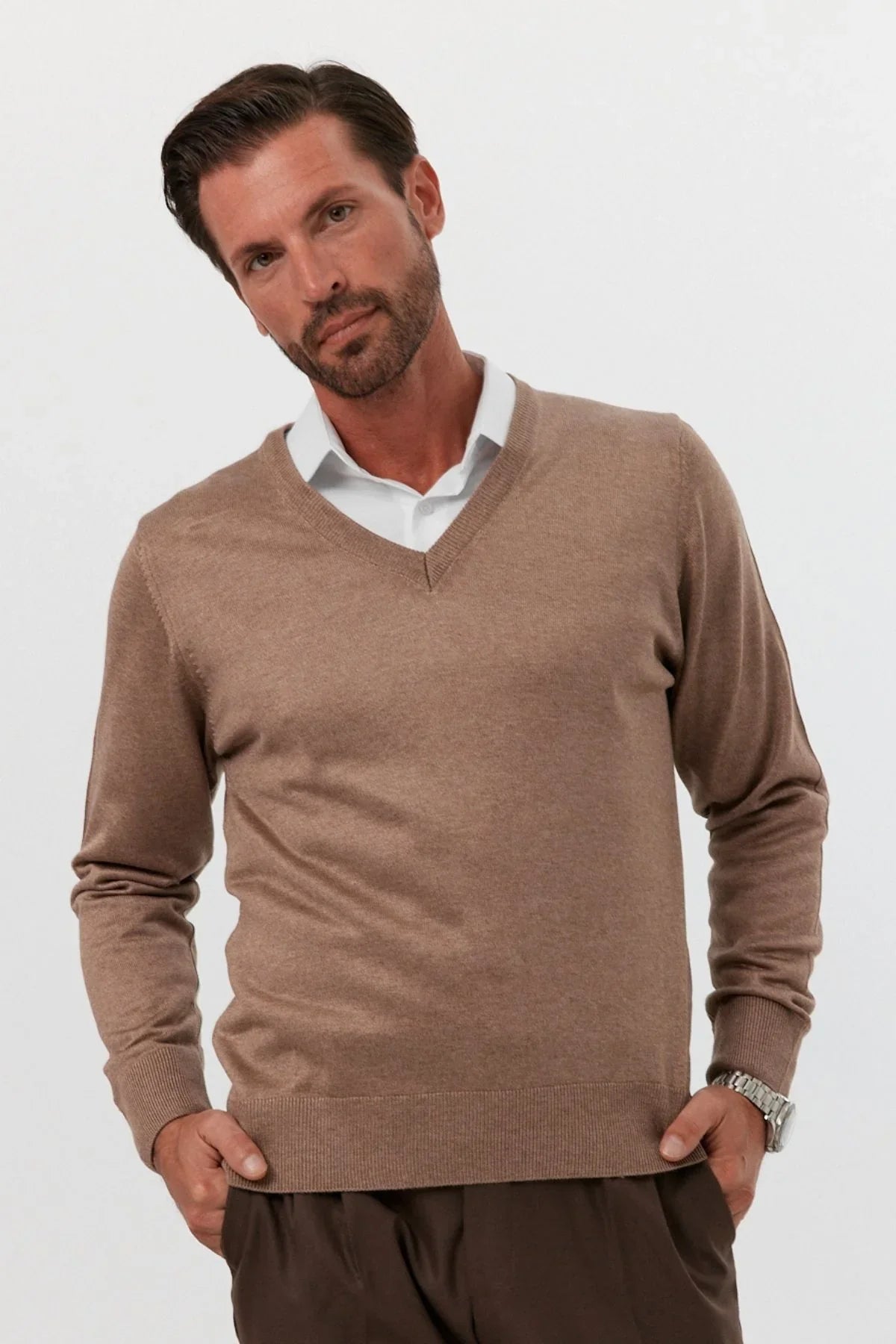 Erkek Standart Fit Normal Kesim V Yaka Triko Kazak - Livio Ferri