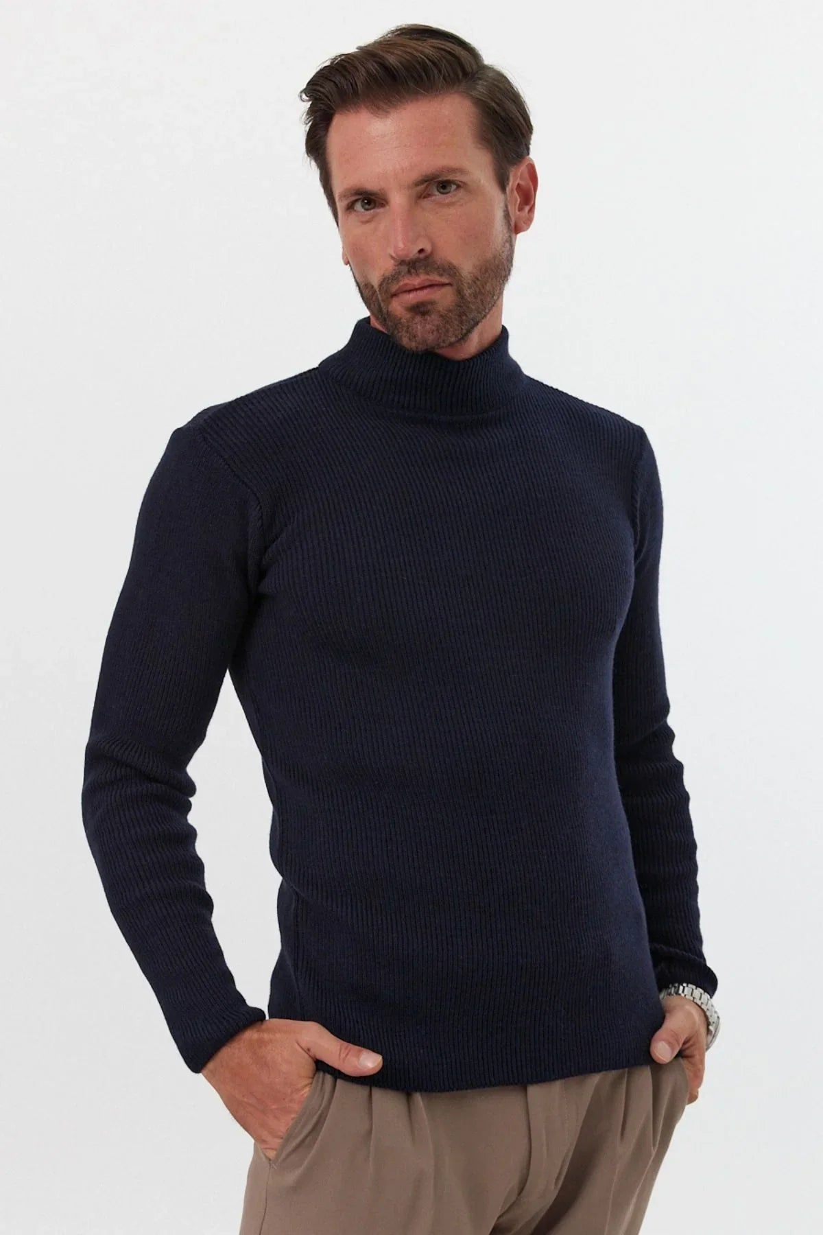 Erkek Yarım Boğazlı Balıkçı Yaka Slim Fit Triko Kazak - Livio Ferri