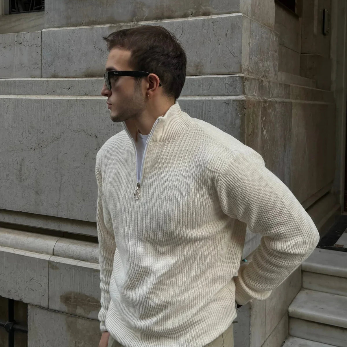 Erkek Yarım Fermuarlı Dik Yaka Kalın Kazak Triko - Livio Ferri