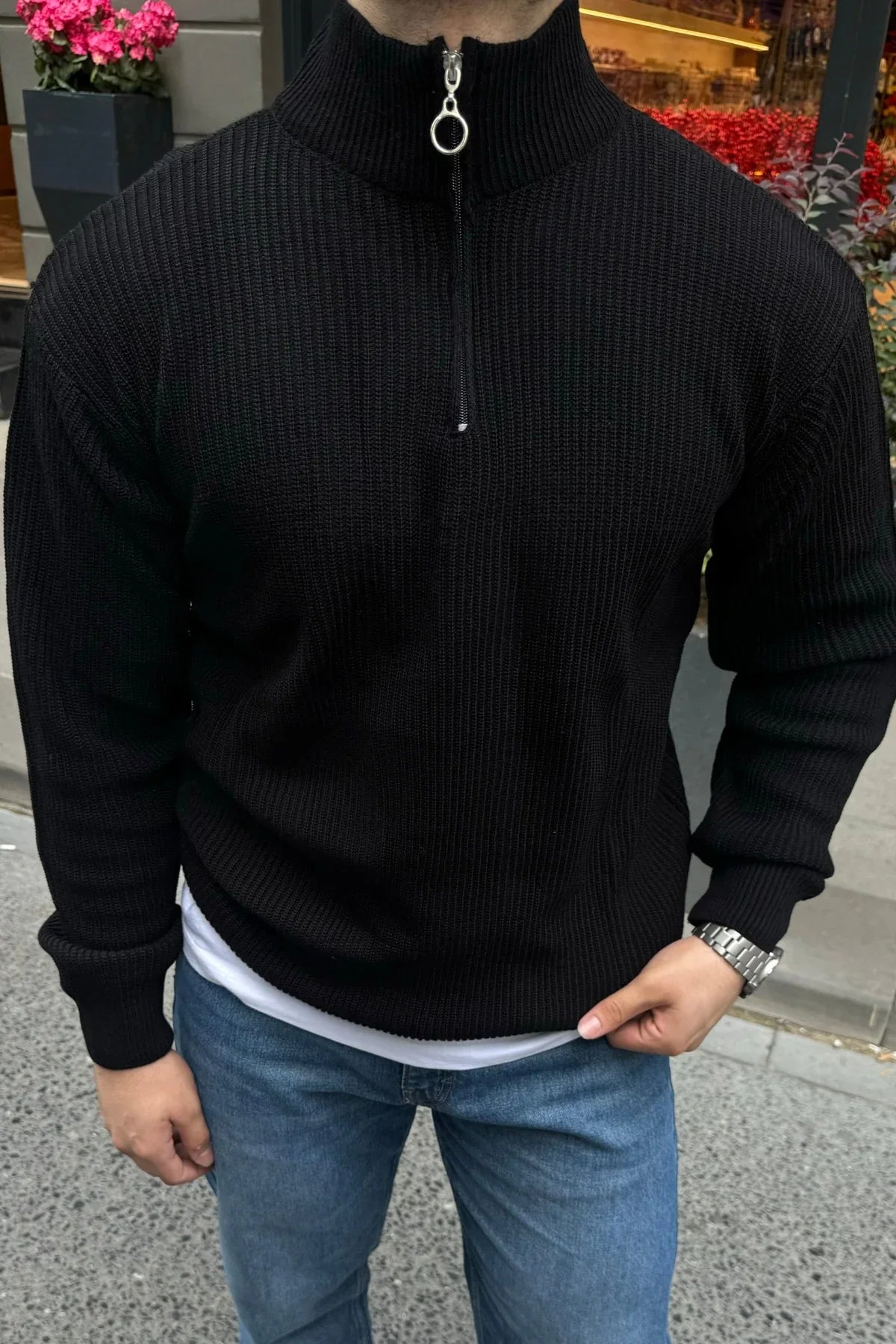 Erkek Yarım Fermuarlı Dik Yaka Kalın Kazak Triko - Livio Ferri