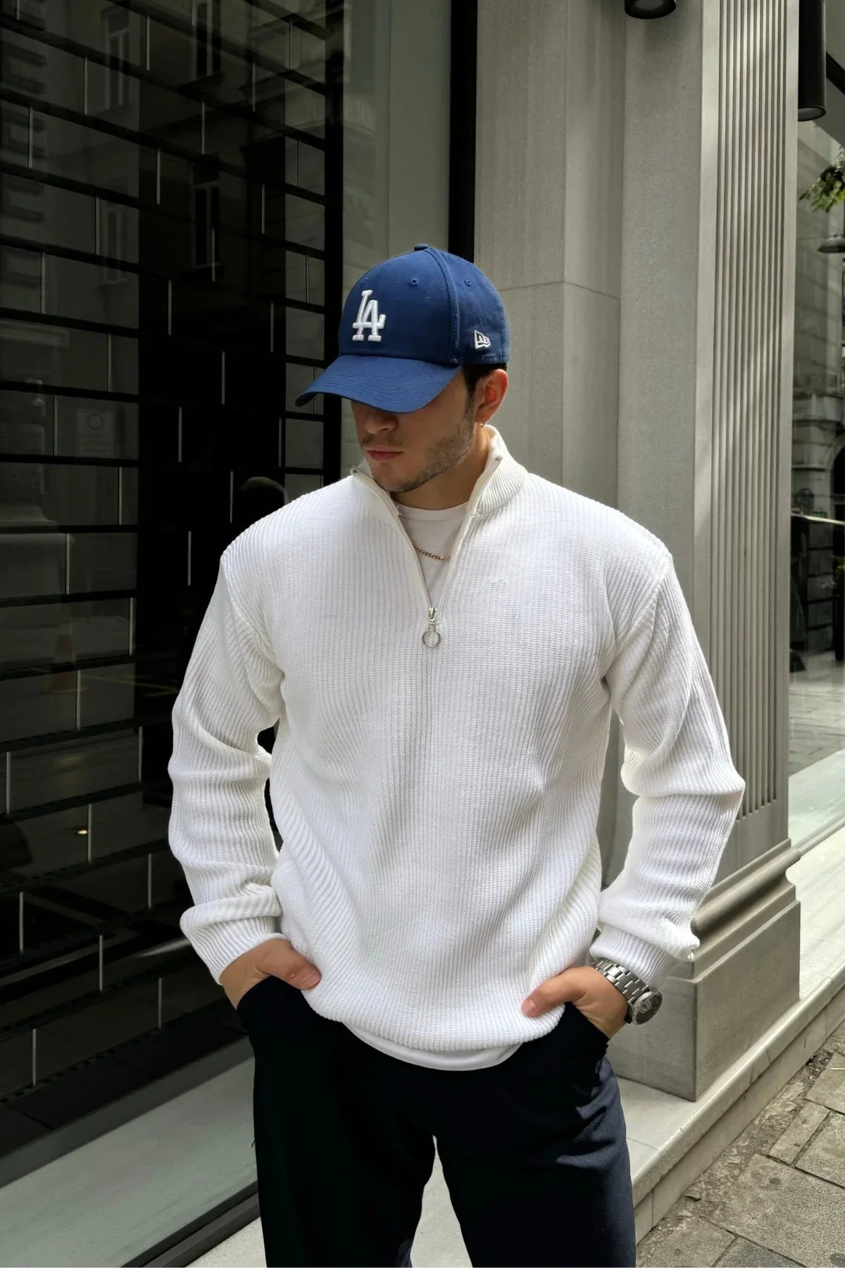 Erkek Yarım Fermuarlı Dik Yaka Kalın Kazak Triko - Livio Ferri