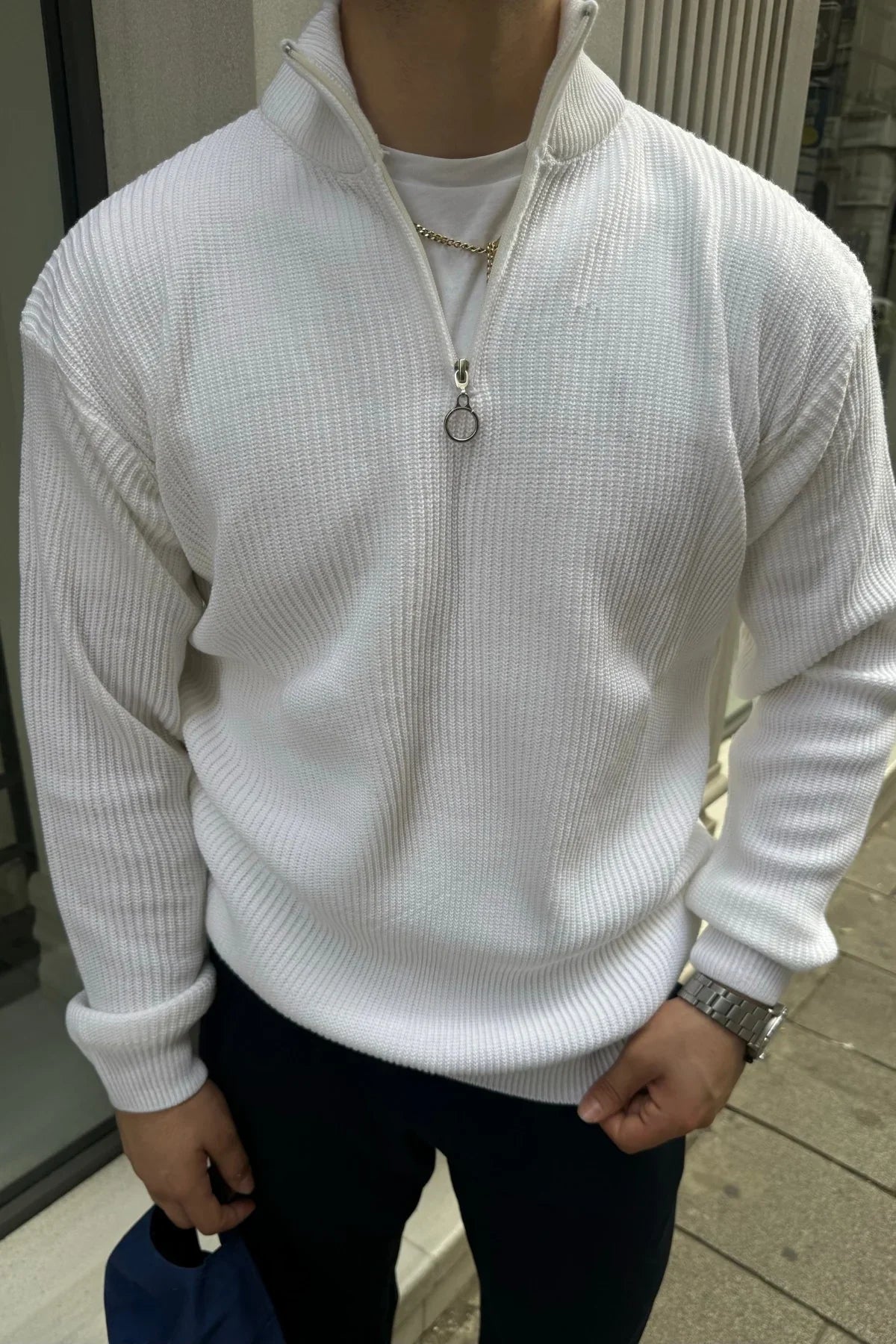 Erkek Yarım Fermuarlı Dik Yaka Kalın Kazak Triko - Livio Ferri